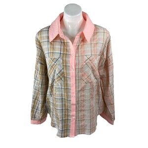 Davi & Dani Women Large Peach Brown Plaid Button Front Shirt Casual NWT